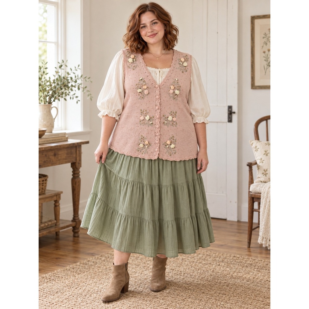 Cottagecore Boho Y2K Grandmacore Pink Floral 3D Roses Embroidery Knit 16W Vest